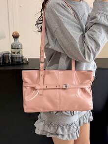 1 chiếc túi tote cỡ lớn kiểu cổ điển, túi đeo vai cỡ lớn tiện dụng cho người đi làm, túi thời trang đi xe máy, chất liệu da PU màu trơn phủ sáp dầu, dây đeo trang trí, khóa kéo, túi đeo vai nữ thích hợp cho công việc, đi học, du lịch, mua sắm, kinh doanh, sử dụng hàng ngày. - Màu Hồng baby - Xem 5