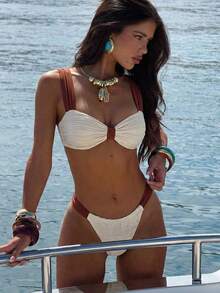 Bộ bikini thời trang mùa hè dành cho nữ, phối họa tiết, xếp ly, thích hợp đi biển. - Nhiều màu - Xem 1