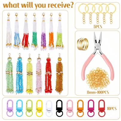 QIAO Bộ dụng cụ tự làm móc khóa màu pastel dễ thương với kìm hồng, khóa xoay nhiều màu, vòng nối và móc khóa, bộ dụng cụ làm trang sức trọn gói phong cách ngọt ngào dành cho móc khóa và đồ thủ công tự làm.