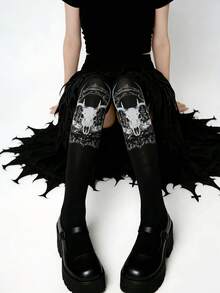 1 Pair Gothic Style Black & White Ripped Mesh Thigh High Socks, Hollow Out Over-The-Knee High Stockings - Black - View 6