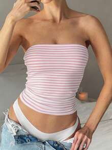 Vaiaye Women's Sexy Strapless Elastic Fitted Striped Print Camisole Top, Fashionable Strapless Basic Tank Top For Spring/Summer - Pink and White Stripes - View 11