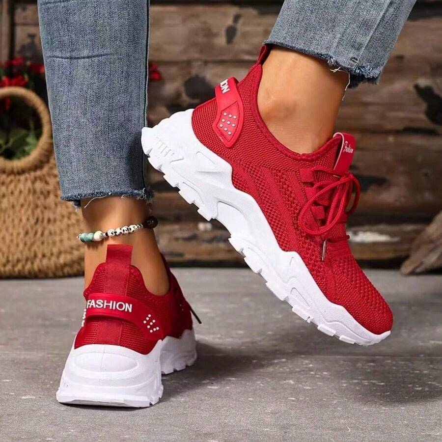 New Style Women's Casual Sports Shoes Solid Color Lace-Up Slip-On Wear-Resistant Eva Insole Women's Tennis Shoes Indoor Exercise Outdoor Hiking Autumn And Winter Women's Shoes - Đỏ - Xem 1