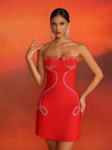 Love Aing Red Strapless Mini Dress With Tulip Floral Pattern, Sexy Party Holiday Cocktail Dress Suitable For Dances, Gatherings, Weddings; Luxurious Elegant Formal Gown, Suitable For Bridesmaids And Brides - Red - View 9