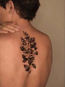 2pcs Waterproof Temporary Transfer Tattoo, Water Transfer Paper, Vintage Boho Gothic Style, Sketch Rose & Mandala Flower Pattern, Delicate Line Details, Long Lasting Fake Tattoo Stickers, Body Art Decals For Women, Suitable For Chest, Shoulder - Black - View 5