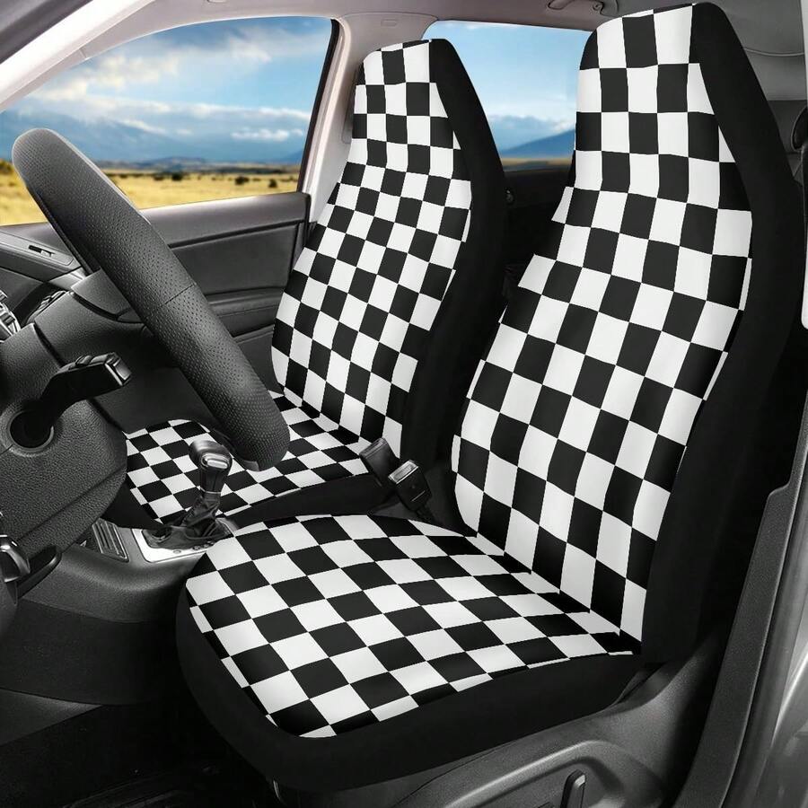 Car Seat Cover Black And White Chess Pattern Front For Cars, Easy To Install Cover Set, Accessories Auto Trucks Van SUV - Multi02 - 查看 1