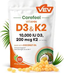 [Mother's Day Gift For Mom]VEV Corefeel Vitamin D3 K2 10,000 , 200 Mcg -7, 300 Coconut Oil Softgels, 2 In 1 Vitamins Supplement D & K (Include 7), Easy To Swallow, Supports Calcm Absorption, Bone Health - 1 - Xem 1