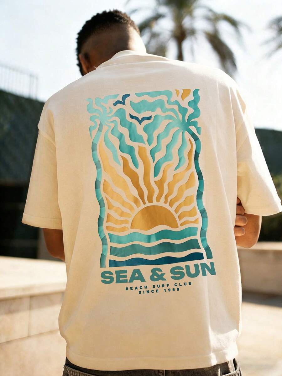 海岸风男士休闲度假活力阳光印花短袖T恤，适合夏季穿着，舒适透气，引领时尚潮流 - 杏色 - 查看 1