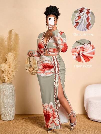 BIUBIU Bộ đồ phối hợp thời trang cỡ lớn dành cho nữ, gồm áo cổ chữ V sâu thắt nút và chân váy maxi xẻ tà in hoa có chun co giãn.