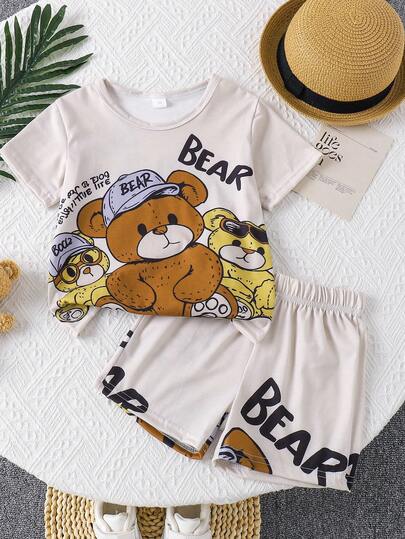2pcs/Set Young BoySummer Bear Graphic Round Neck T-Shirt And Shorts Set, Casual For Vacation, School, 4-7Y