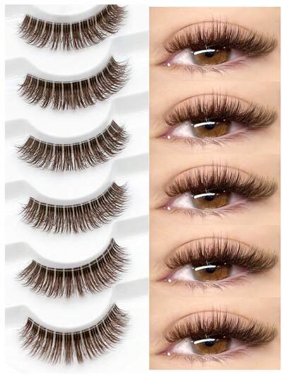 GROINNEYA 7 Pairs Voluminous 5D Mink Lashes Natural Dark Brown False Lashes C Curl Colored Lashes Short Wispy Eyelashes Fluffy Soft Faux Mink Eyelashes Waterproof Reusable Strip Lashes 3D Fuzzy Eyelashes With Transparent Stem,Tail Elongated Eyelashes,Perfect For Vocation And Party, To Swimming,For Lash Extension Beginners