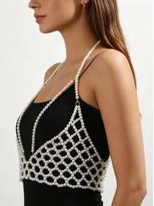 1件优雅多层仿珍珠女士项链胸链身体链，适合日常、派对、舞会、晚宴、通勤、大学等各种场合，也是情人节、母亲节的理想礼物。 - 白色 - 查看 1