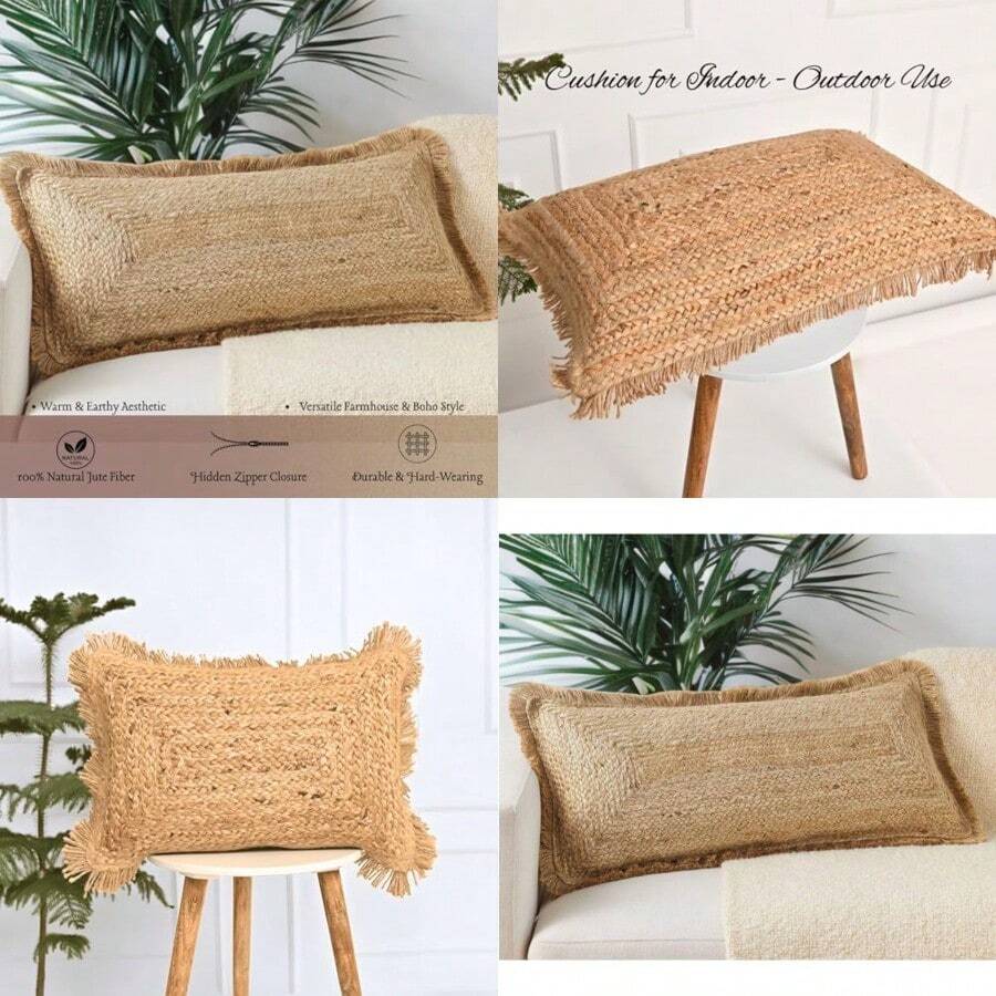 Funda de cojín lumbar trenzada de yute de 12 x 18 pulgadas almohada de yute de rafia con flecos almohadas decorativas fundas de almohada para exteriores decoración de primavera - Cubierta de flecos - Ver 1