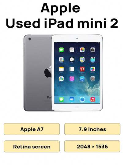 Apple 二手 iPad Mini 2，A7 处理器，7.9 英寸 Retina 显示屏，小巧便携，经典小屏平板电脑，WLAN 版本，成色 96% 新，电池容量 85% 以上