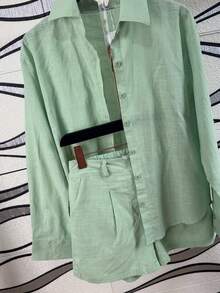 Linen Shirt And Shorts Set (2 Pieces) - Pale Green - View 4