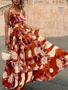 Spring/Summer New Floral Print 2-Piece Set, Ruffled Camisole Top And Maxi Skirt, Bohemian Beach Vacation Casual Outfit For Women - Coral Orange - View 4
