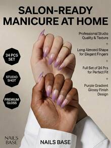 24pcs Purple & Pink Ombre Nail Stickers Set, Includes 1 Gel Polish And 1 Nail File, Removable Nail Art Decals Suitable For Women & Girls To Wear On Parties, Dances And Daily Occasions - Multicolor - View 2
