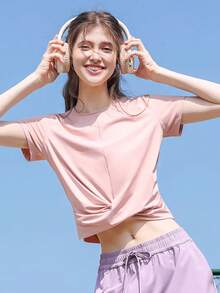 CAMEL CROWN 女士户外运动T恤，速干透气跑步健身服 - 落櫻粉 - 查看 3