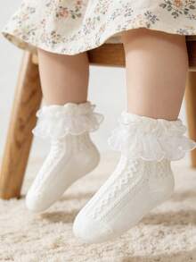 1雙純棉女嬰幼兒純色蕾絲飾邊襪子，舞蹈襪，公主風短襪 - 白色 - 查看 9