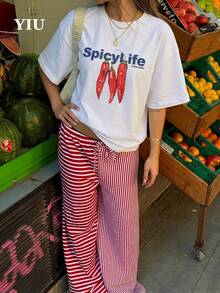 YIU 女士休闲针织短袖宽松辣椒印花舒适圆领常规版型T恤，新款春夏日常穿着 - 白色 - 查看 7