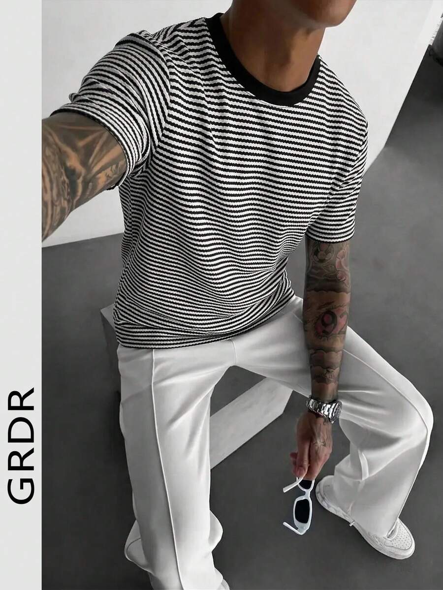 GRDR Men's Fashionable Striped Short Sleeve T-Shirt | Exquisite Design | Summer Essential | Easy To Match | Showcase Your Style - Black - View 1