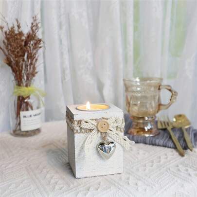 1pc Wooden Heart-Shaped Candle Holder - Rustic Centerpiece Decor For Weddings, Birthdays, Natural Wood Design With Lace Rope, Tabletop Display, Candle Not Included, Random 3 Colors Shipped, Adds Elegant Ambiance To Special Celebrations