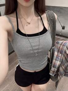 美式时尚吊带背心，女士夏季新款露背短款休闲上衣 - 灰色 - 查看 3