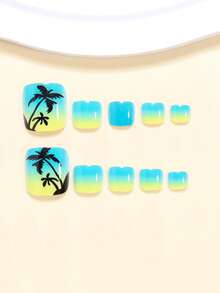 Bộ 24 móng giả vuông ngắn mùa hè, họa tiết cây dừa cổ điển thanh lịch, màu xanh da trời và vàng nhạt phối bóng, kiểu nhuộm tie-dye, tôn dáng, thời trang đa năng cho hẹn hò, tiệc tùng, mùa xuân/hè, phù hợp cho phụ nữ và bé gái, sử dụng hàng ngày. Bộ móng giả dán có thể tháo rời kèm gel dẻo và dũa, màu gel dẻo ngẫu nhiên. - Nhiều màu - Xem 2