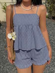 Look Polly 女士夏季蓝白格子两件套，吊带娃娃衫上衣，荷叶边短裤，波西米亚风海滩度假装 - 藍色 - 查看 6