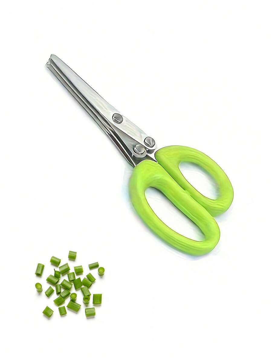 1pc 3-Layer Green Scallion Scissors, Multifunctional Stainless Steel Kitchen Shears, High-Aesthetic Design Suitable For Cutting Vegetables And Salad