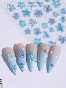 2片5D自粘蓝色芙蓉花美甲贴纸，全息蓝色花瓣图案美甲贴花，透明夏季花卉美甲装饰，适合度假和海滩DIY美甲 - 彩色 - 查看 6