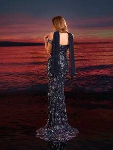 Elegant Navy Blue Sequin & Beaded Splice Sash Off-Shoulder Long Mermaid Evening Gown, Formal Party Dress Wedding Spring - Navy Blue - View 7