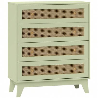 Chest Of Drawers 4-Drawer Storage Organiser Unit With Rattan Element For Bedroom Living Room Light Green