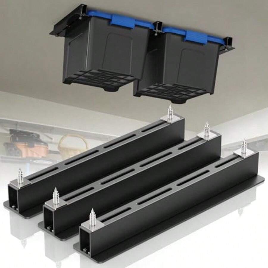 Repisa para almacenamiento en garaje estantes de techo para garaje barras de techo para almacenamiento resistentes para botes de 27 galones sistema de estantes para botes - Negro 3 juegos - 3 juegos para 2 contenedores - Ver 1