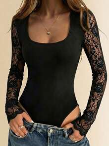 女士黑色蕾丝长袖方领连体衣，弹性亮面蕾丝袖口，适合约会、派对、外出和休闲穿着 (JH25194) 优雅 - 黑色 - 查看 8