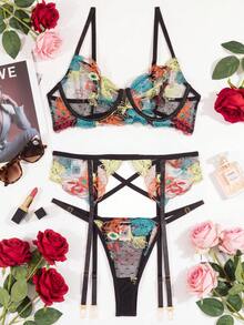 三件套女士性感内衣套装，包括束身胸衣、吊袜带和花卉刺绣钢圈文胸。 - 黑色 - 查看 2