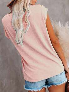 Damen Einfarbiges Fledermausärmel Locker Lässig T-Shirt, Sommer Tasche Patch Top Pink - Pink - Übersicht 4