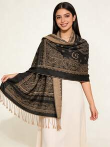 1 chiếc khăn choàng Paisley Jacquard, họa tiết Cashew, kiểu dáng cổ điển, khăn choàng nữ thanh lịch, khăn choàng dài đa năng phù hợp mọi mùa. - màu đen - Xem 3