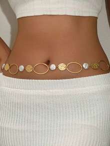 1件波西米亚风夏季沙滩几何圆形仿珍珠时尚女士腰链，百搭优雅吊坠身体链，适合搭配比基尼 - 金色 - 查看 1