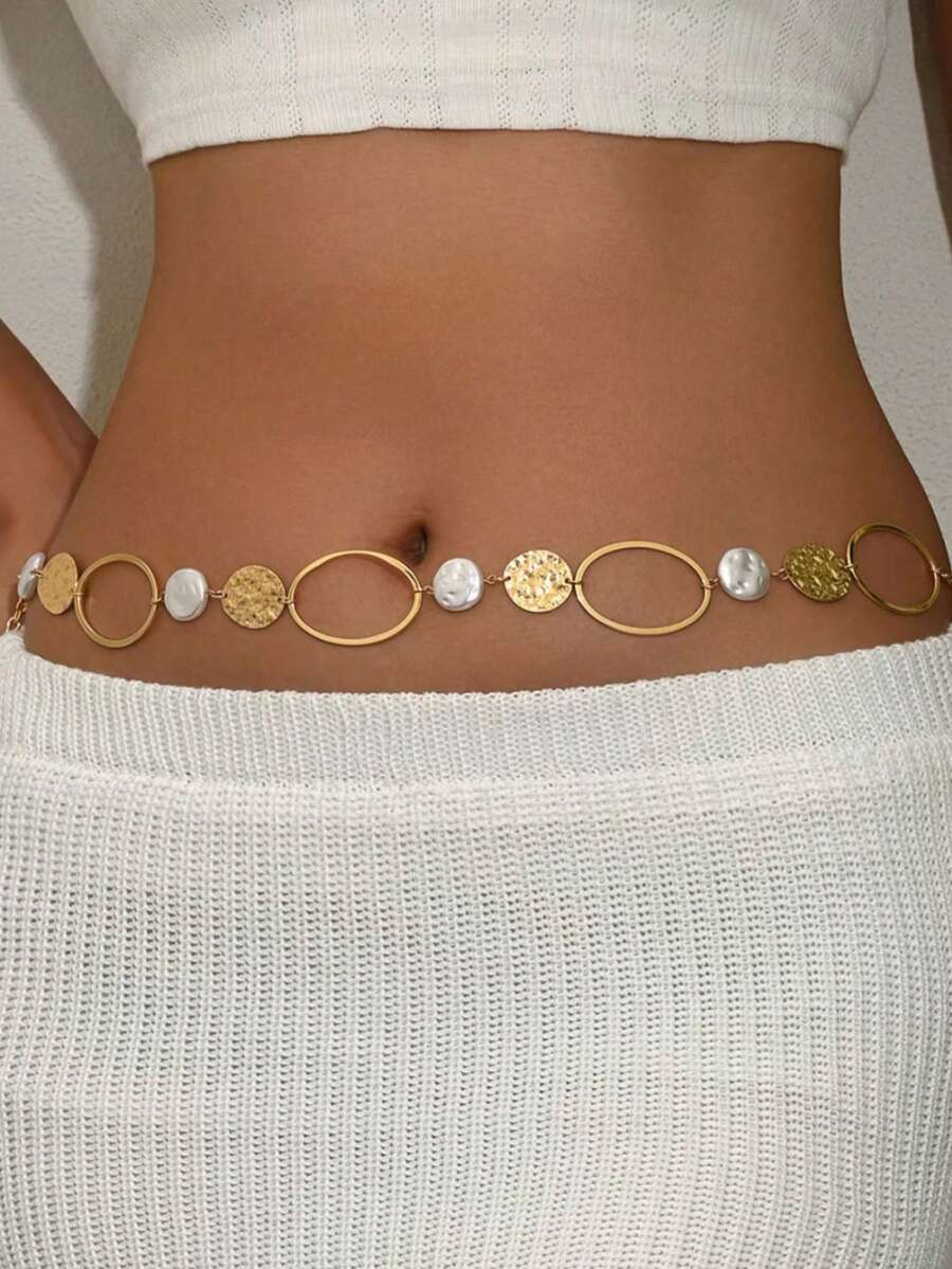 1件波西米亚风夏季沙滩几何圆形仿珍珠时尚女士腰链，百搭优雅吊坠身体链，适合搭配比基尼 - 金色 - 查看 1