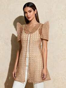 1 chiếc áo cardigan ngắn tay kiểu cánh bướm Filipiniana khoét rỗng dành cho nữ, màu sâm panh, thích hợp cho kỳ nghỉ và mặc hàng ngày, mùa xuân/hè. - Rượu sâm banh - Xem 5