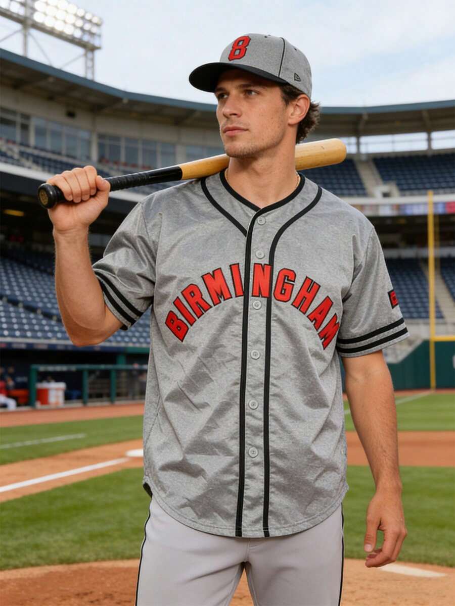 Men's #8 Birmingham Baseball Jersey, Gray Red Black Athletic Short Sleeve Shirt For Game Day & Daily Wear - 灰色 - 查看 1