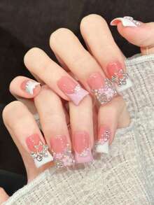 10pcs Pink Cherry Blossom Pattern ABS Material Short Duck Mouth French Style Fake Nails - Baby Pink - View 2