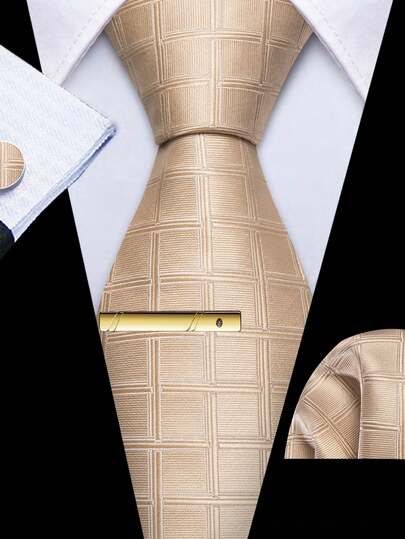 Bộ cà vạt kẻ caro màu be dành cho nam giới - Bao gồm khăn cài túi áo, khuy măng sét và kẹp cà vạt vàng cùng màu, thanh lịch cho các dịp trang trọng công sở.