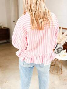Women's Striped Shirt, Casual Vacation Front Button Loose Blouse, Spring/Summer Pink - 粉色 - 查看 3