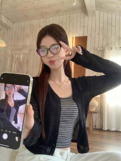黑色薄纱开衫，罗纹修身短款，柔软甜美少女外套，夏季防晒霜