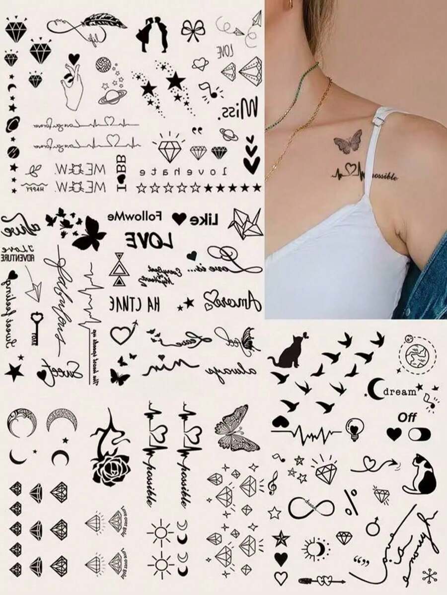Tatuajes temporales de pequeños patrones de pájaro negro, corazón, diamante, nota musical, latido del corazón para dedos, orejas, muñecas, Body, estilo boceto - Negro - Ver 1