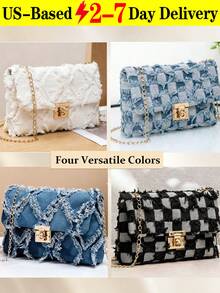 Women's Diamond Quilted Jean Flap Crossbody Bag,Jean Plaid Print Patchwork Strap Fashion Versatile Shoulder Bag,Solid Color Diamond-Shape Small Fragrant Wind Hair Edge Metal Closing Design Shoulder Square Bag, Classic Check Pattern Shoulder Purse,Women's Bags New Style, Crossbody Bag,Suitable For Office, University, Work, Business, Commuting, Outdoor Activities, Travel And Outings[US Local Warehouse]The Best Gift Choice, Birthday Gift - 藍色 - 查看 2