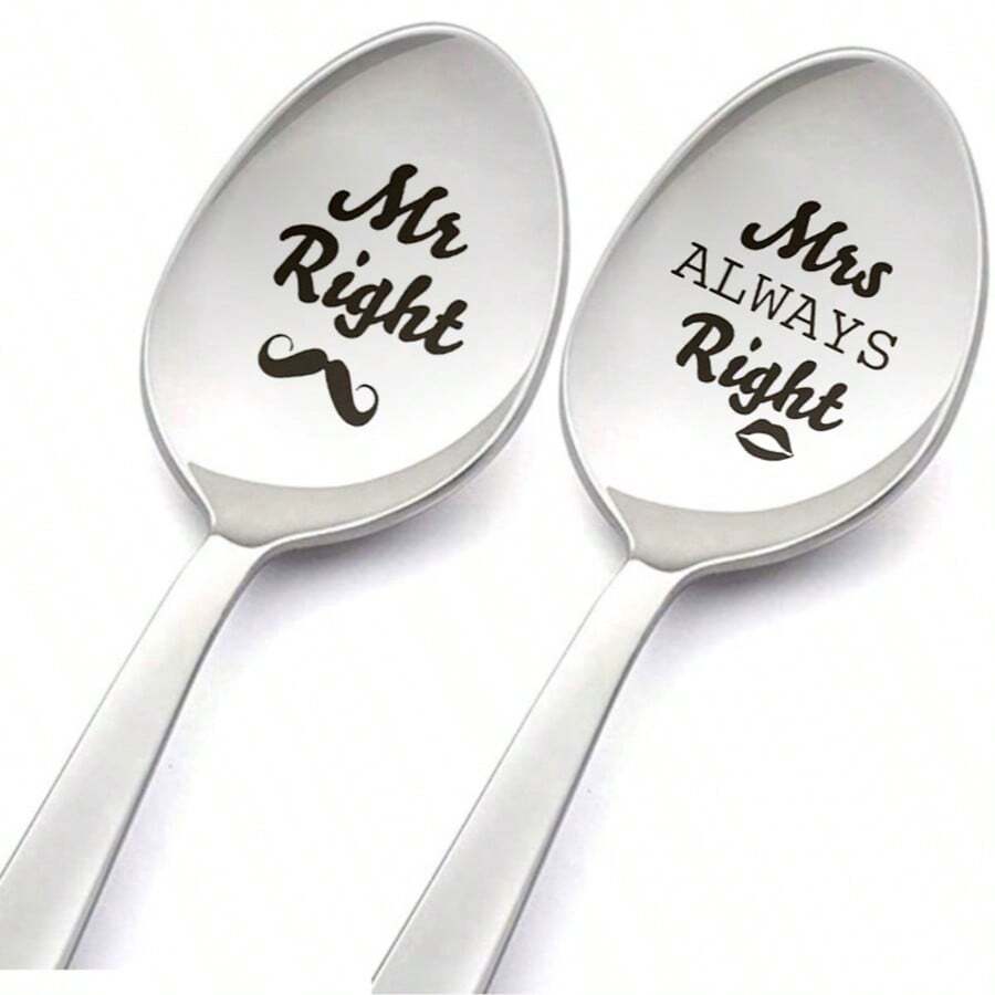 2pcs Stainless Steel Spoons Set, Engraved With "Mr. Right" And "Mrs. Always Right" - Perfect Gift For Couples Anniversary, Christmas, Wedding Or Valentine's Day - Multicolor - View 1
