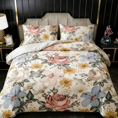 Bộ 3 món ga trải giường in hoa cổ điển, họa tiết gối ngẫu nhiên (1 ga trải giường + 1/2 vỏ gối không kèm ruột gối), bộ chăn ga gối mềm mại, ấm áp và thoải mái cho phòng ngủ, phòng khách, ký túc xá.