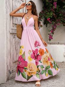 Women's Casual Vacation Dress, With Print And Backless Design, Elegant And Stylish, Halter Neck Style With A Full Skirt. - 淺粉色 - 查看 3